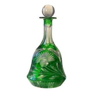 Mid 19th Century Large Antique German Emerald Green Cut-to-Clear Crystal Decanter For Sale