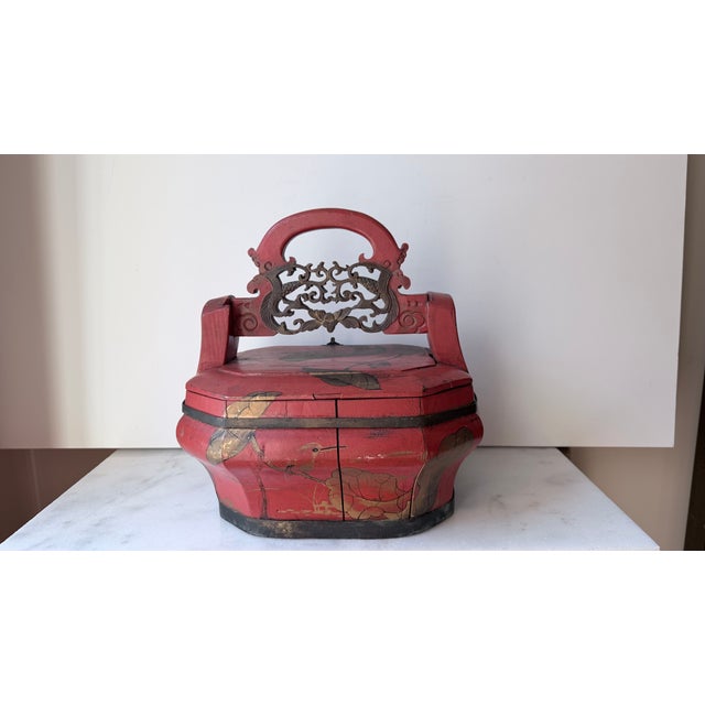Antique 19 century Chinese wedding wooden bridal box with brass lock. Hand painted.