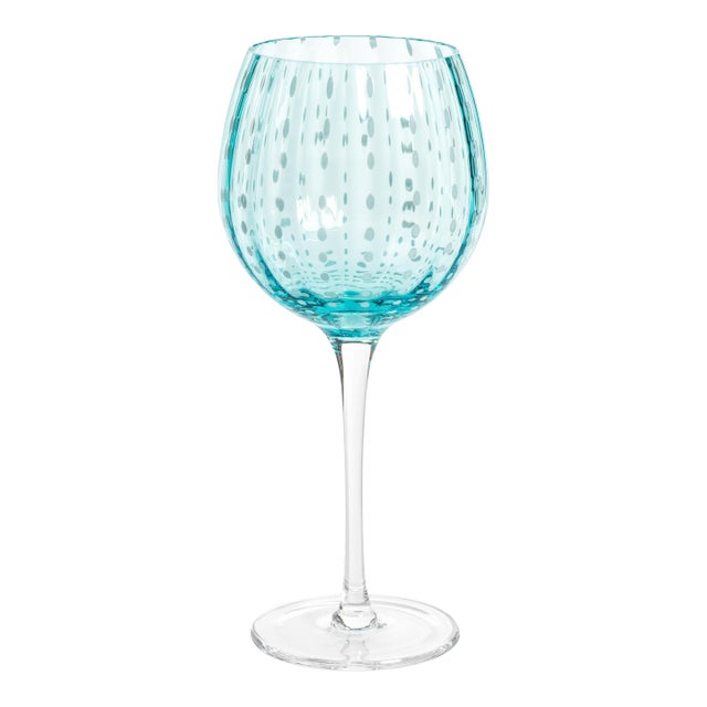 Portofino White Dot Wine Glass- Aqua Blue, Set of 4 For Sale