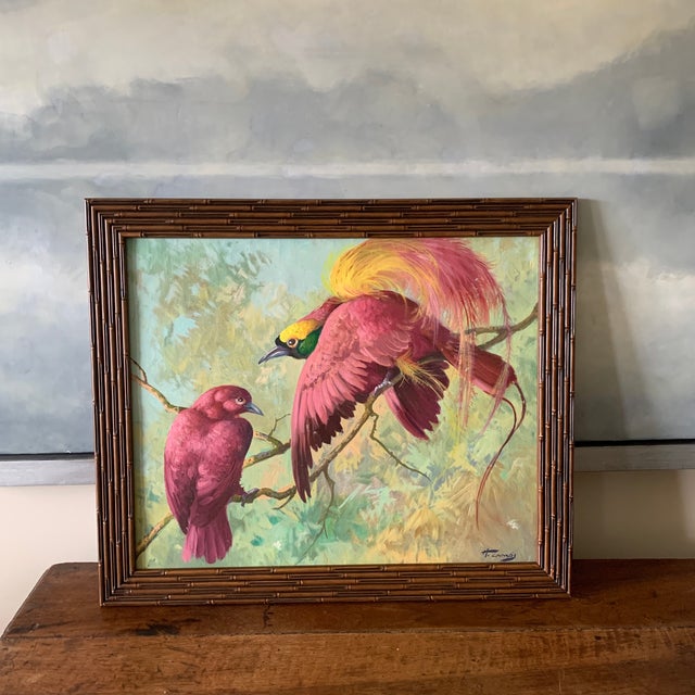Late 20th Century Signed Birds of Paradise Oil Painting For Sale - Image 5 of 7