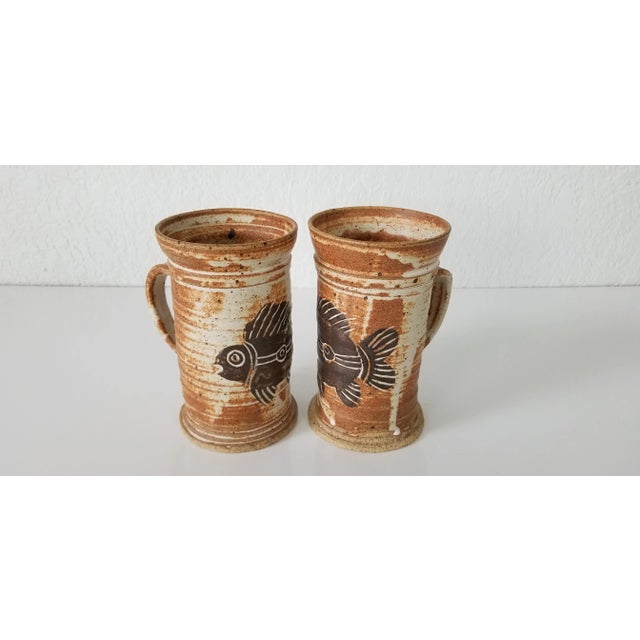 1990s Vintage Handmade Fish Motif Art Pottery Mugs - a Pair, Signed For Sale - Image 4 of 9