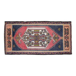 Vintage Turkish Rug 2x4 Pink Navy Hand Knotted Small Area Mat Accent Rug Doormat For Sale
