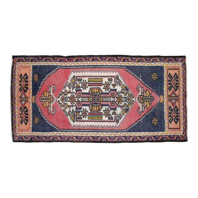 Vintage Turkish Rug 2x4 Pink Navy Hand Knotted Small Area Mat Accent Rug Doormat For Sale