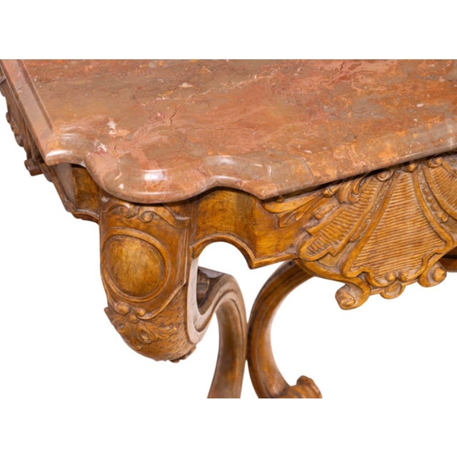 French Pair of Antique French Regence Style Carved Console Tables With Marble Tops For Sale - Image 3 of 3
