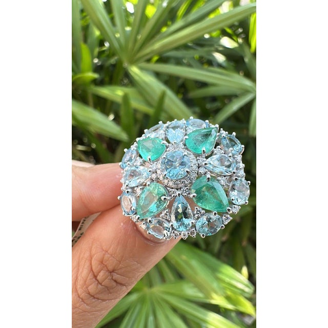 Metal Set in 18k White Gold, Aquamarines, Colombian Emeralds & Diamonds Cocktail Ring, Us Size 6 For Sale - Image 7 of 9