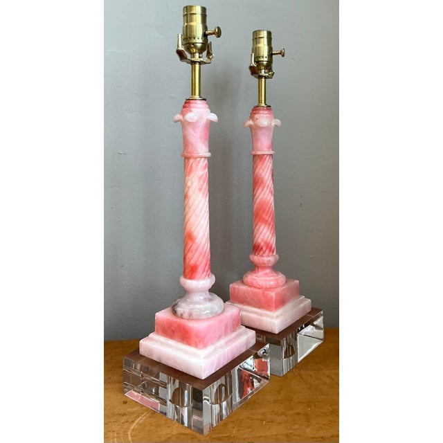 Pink Vintage Pink Marble Carved Column Lamps - A Pair For Sale - Image 8 of 12