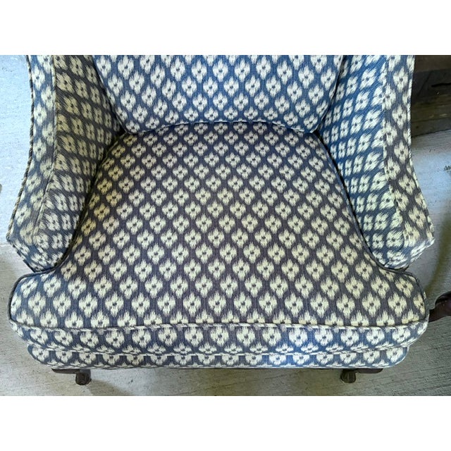Mid 20th Century Mid Century Queen Anne Style Modified Wing Back Chair in Ikat Upholstery For Sale - Image 5 of 9