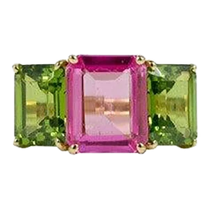 Christina Addison 18kt Yellow Gold Emerald Cut Ring With Peridot and Pink Topaz