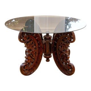 Mid 20th Century Heavily Hand-Carved Accent Table With Oval Tinted Glass Top For Sale