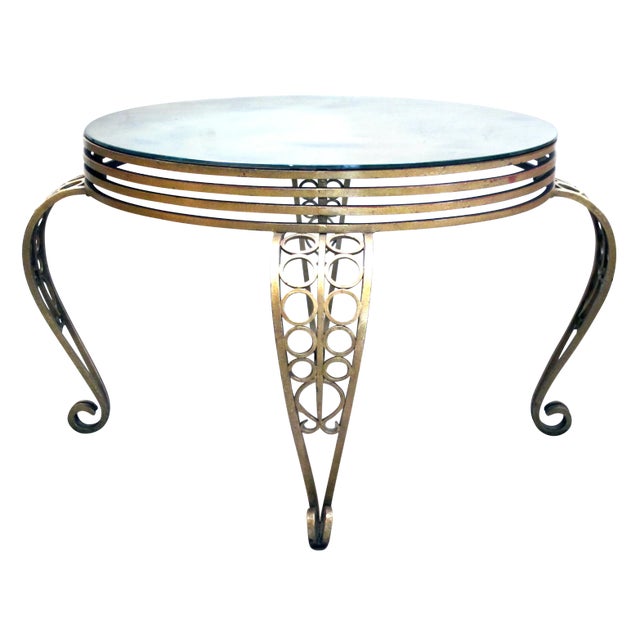 Shapely French Art Deco Gilt Iron Circular Table With Mirrored Top For Sale