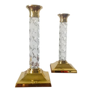 Vintage Waterford Crystal & Brass "Cambridge" Pattern 11" Candlestick - Pair For Sale