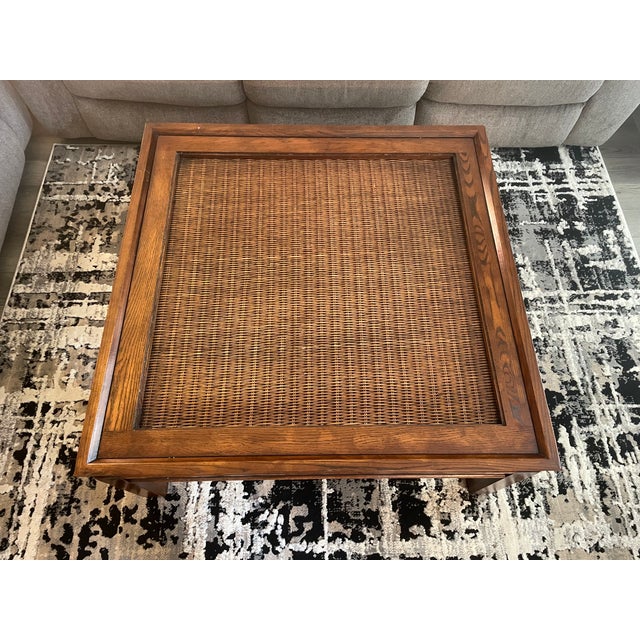 Vintage Asian Modern 38" Square Hardwood & Rattan Coffee Table For Sale - Image 4 of 5