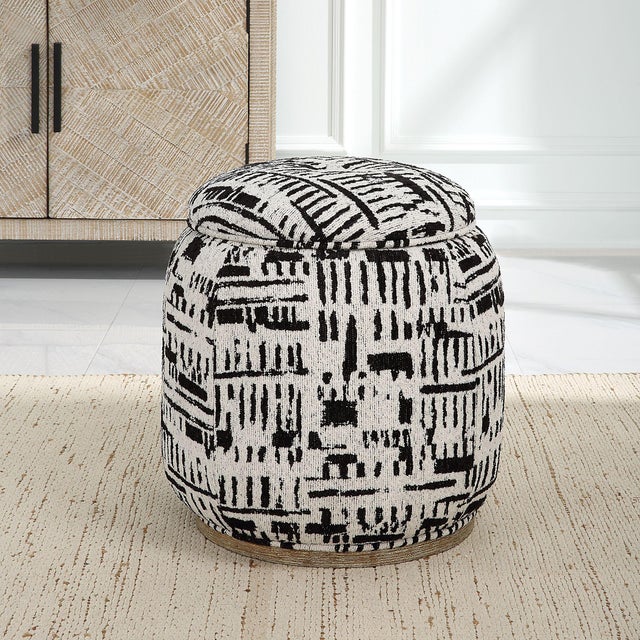 A Statement Abstract Also Acting As A Neutral, The Dialogue Accent Stool Features A Black And Off White Pattern Over An...