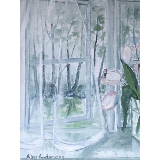 Textile Mid-Century Modern 'Morning Light With Tulips' Vintage Original Swedish Interior Still Life Oil Painting, Framed For Sale - Image 7 of 10