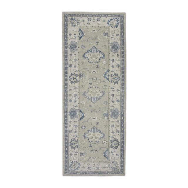 Textile Early 21st Century Green & Blue Floral Design Handwoven Wool Turkish Oushak Runner 5' X 12'10" For Sale - Image 7 of 7