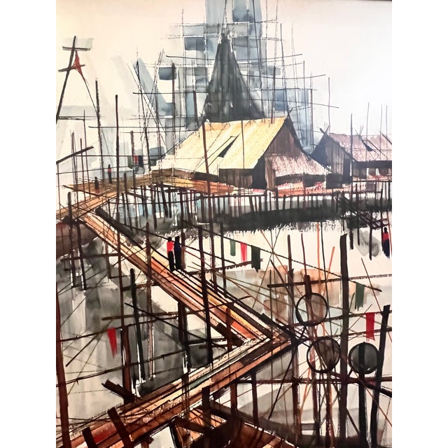 1960s Mid-Century Modern Thai Fishing Village Original Watercolor Painting by Sanga Mukmanee - Framed For Sale - Image 9 of 15