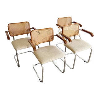 Mid Century Modern Chrome Cane Back Cantilever Dining Arm Chairs For Sale