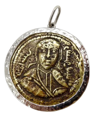 1990s Bronze Byzantine Coin Pendant in 14k White Gold Mount