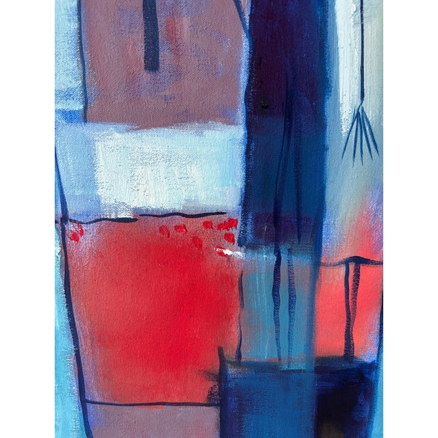Textile Norberto Uribe Dominican Modernist Village Blue Painting on Canvas For Sale - Image 7 of 12