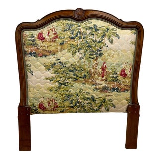 Vintage Louis XV Style Upholstered Twin Size Toile Tapestry Cushioned Headboard For Sale
