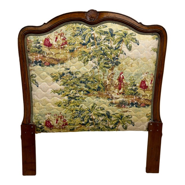 Vintage Louis XV Style Upholstered Twin Size Toile Tapestry Cushioned Headboard For Sale