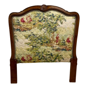 Vintage Louis XV Style Upholstered Twin Size Toile Tapestry Cushioned Headboard