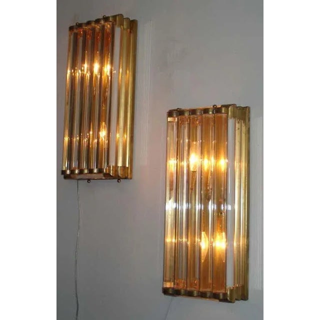 Pair Vintage Art Deco Skyscraper Wall Sconces Fixture in Brass & Glass Rod Ship Light For Sale - Image 4 of 4