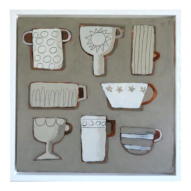 2025 Contemporary 'Cup Collective' Original Mini Naive Style Acrylic Painting by British Artist Annemarie Derrick, Framed For Sale