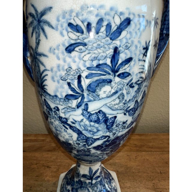 Mid 20th Century Vintage Pair of Chinoiserie Blue & White Craquelure Porcelain Lidded Amphora Urn Vases For Sale - Image 5 of 12