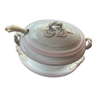 Antique Wales Cardiff Swansea Porcelain White Gold Leaf Gravy Boat Under-Plate & Ladle For Sale