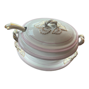Antique Wales Cardiff Swansea Porcelain White Gold Leaf Gravy Boat Under-Plate & Ladle