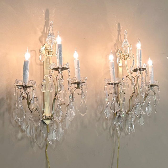 Pair of Timeless Solid Brass & Cut Crystal Wall Sconces For Sale In Baton Rouge - Image 6 of 18