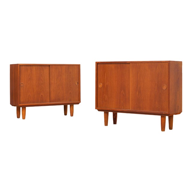 1960s Pair of Danish Modern Slim Teak Sideboard Cabinets Attributed Kai Kristiansen For Sale