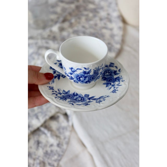 Antique Blue and White Earthenware Cups and Saucers from Sarreguemines, 1980s, Set of 8 For Sale - Image 3 of 7