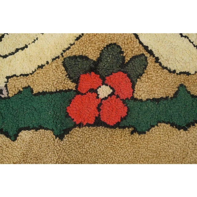 Coffee Lovely Romanic Pair of White Doves Perched Green Vine With Red Flowers Antique American Folk Art Hooked Rug For Sale - Image 8 of 11