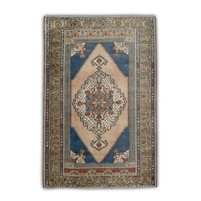 Textile 1960s Blue Multicolor Vintage Turkish Rug 4'7" X 7' For Sale - Image 7 of 7