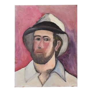 Portrait Painting of a Man in a Fedora on Pink - 12” X 16” by Clair Seglem For Sale