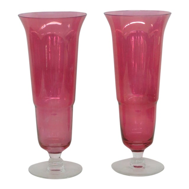 Pink Flash Optic Glass Footed Vases Pair of 2 Mid Century Modern Style 5078b For Sale