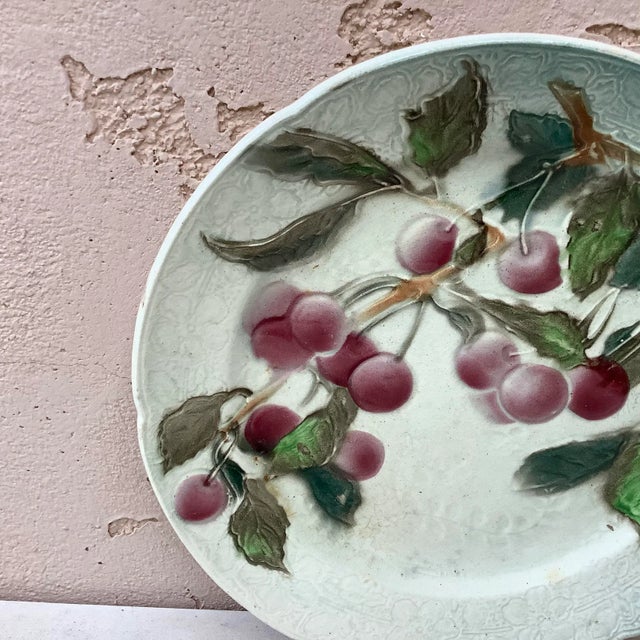 Shabby Chic Keller & Guerin Saint Clément Majolica Cherries Plate For Sale - Image 3 of 5