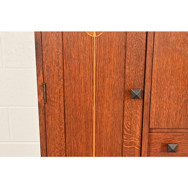 Stickley Harvey Ellis Collection Arts & Crafts Inlaid Oak and Leaded Glass Bookcase With Drop Front Secretary Desk For Sale - Image 13 of 18
