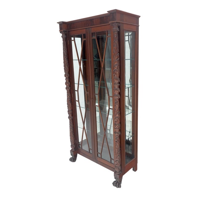 Fine Carved Mahogany Claw Feet Glass Shelved Bookcase Display Cabinet Stunning For Sale