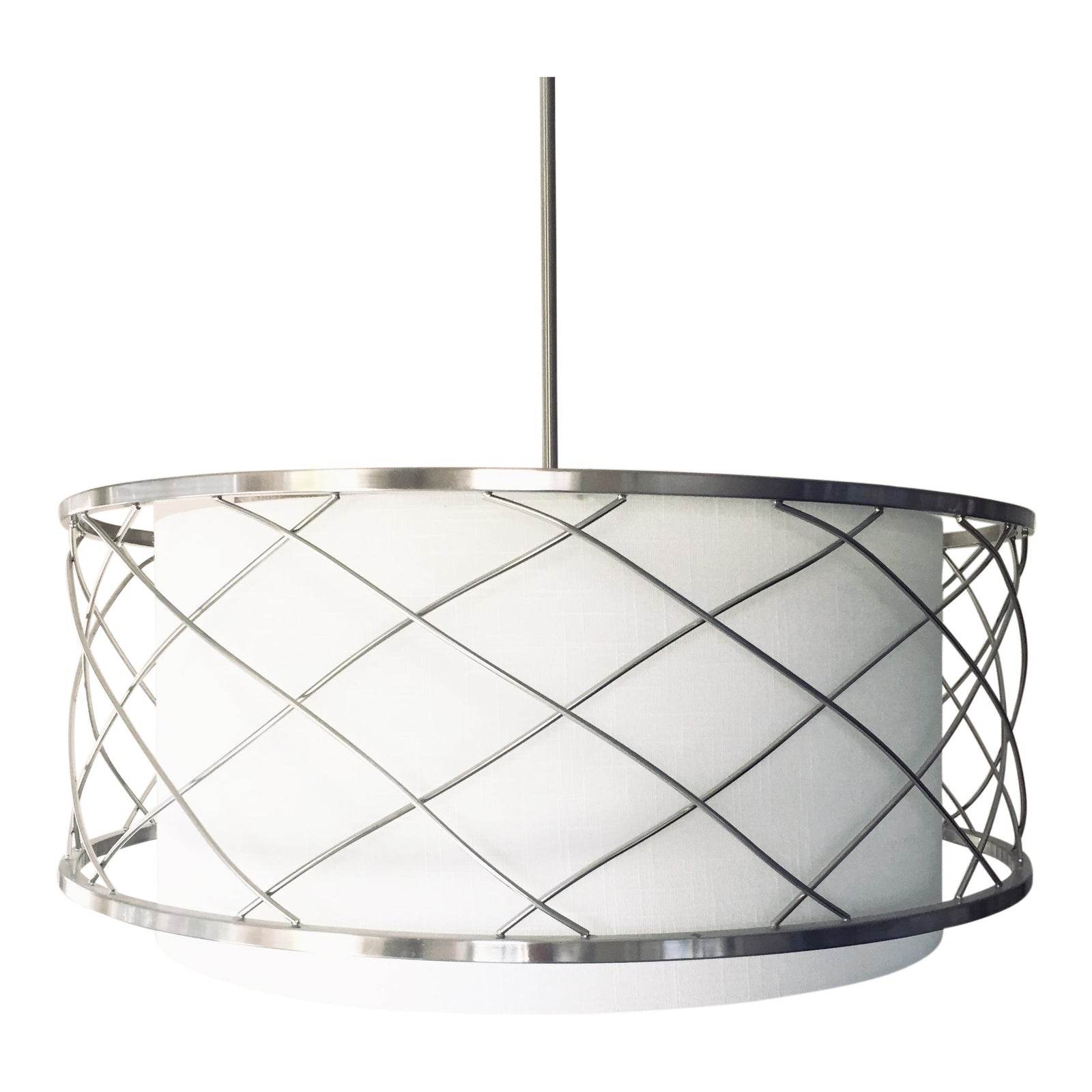 Large Pendant Drum Chandelier in Brushed Nickel With White ...
