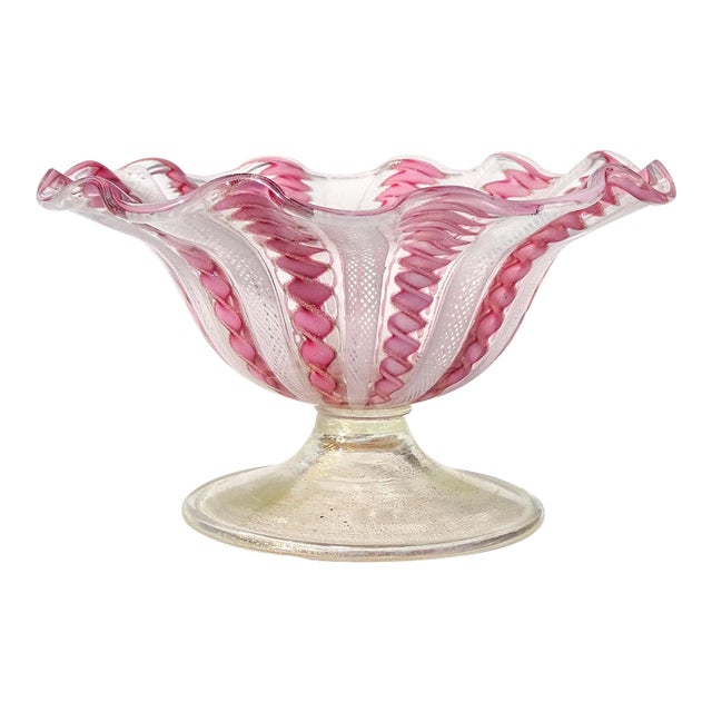 Murano Vintage White Pink Copper Aventurine Ribbons Italian Art Glass Ruffled Rim Gold Leaf Foot Bowl For Sale