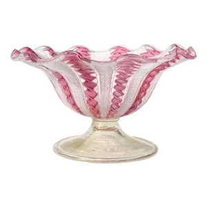 Murano Vintage White Pink Copper Aventurine Ribbons Italian Art Glass Ruffled Rim Gold Leaf Foot Bowl