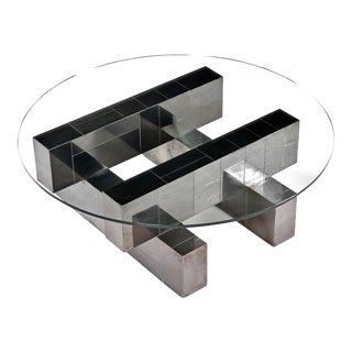 Vintage 1970s Paul Evans Dark Gray Cityscape Coffee Table With New Round Glass For Sale
