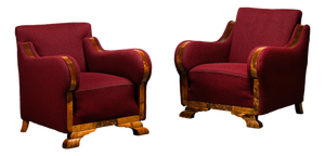 Vintage Art Deco Danish Lounge Chairs in Burgundy Wool Fabric, 1927, Set of 2