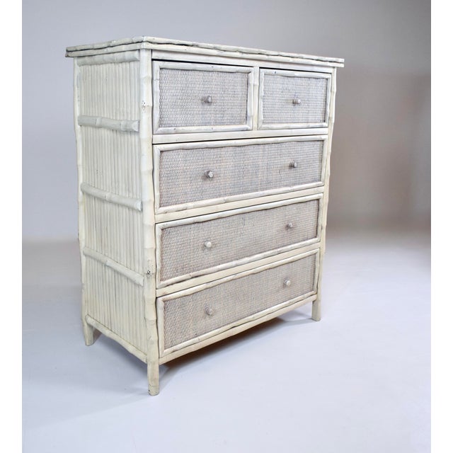 Boho Chic 1990s Coastal Faux Bamboo Dresser With Grasscloth, White-Washed Finish For Sale - Image 3 of 13