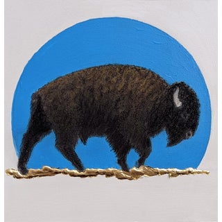 Blue Sunset by Tammy Liu-Haller | Charcoal, pastel, ink, acrylic on encaustic panel with gold leaf Bison silhouette against a blue circle. For Sale