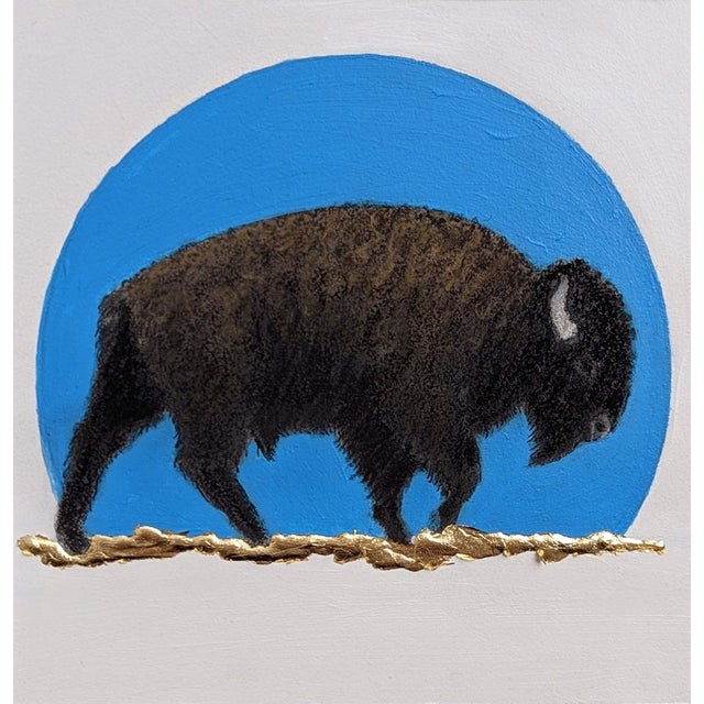 Blue Sunset by Tammy Liu-Haller | Charcoal, pastel, ink, acrylic on encaustic panel with gold leaf Bison silhouette against a blue circle. For Sale