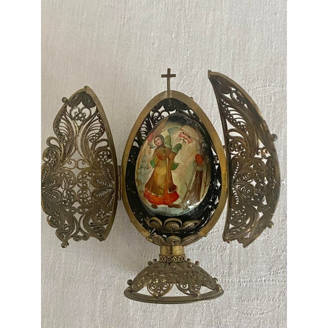 Vintage Fedoskino Russian Triptych Brass Filigree With Lacquer Egg Shape With Father Frost and the Snow Maiden Signed M. Izotova. For Sale - Image 12 of 15